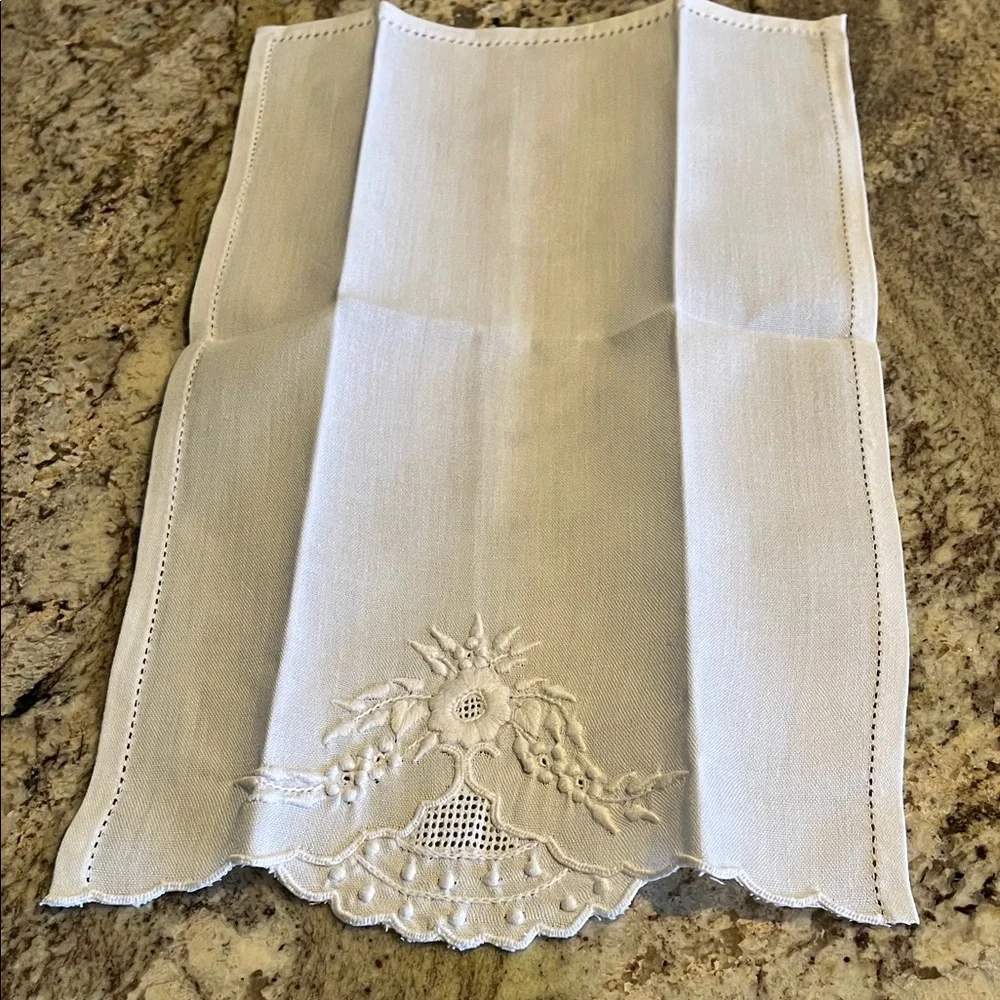 Embroidered White Linen Hand Towels set of two NWOT